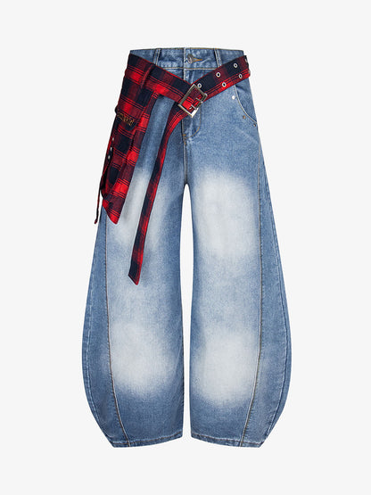 Washed Plaid Belt Barrel Jeans 