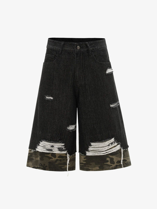 Patchwork Camouflage Ripped Denim Jorts 