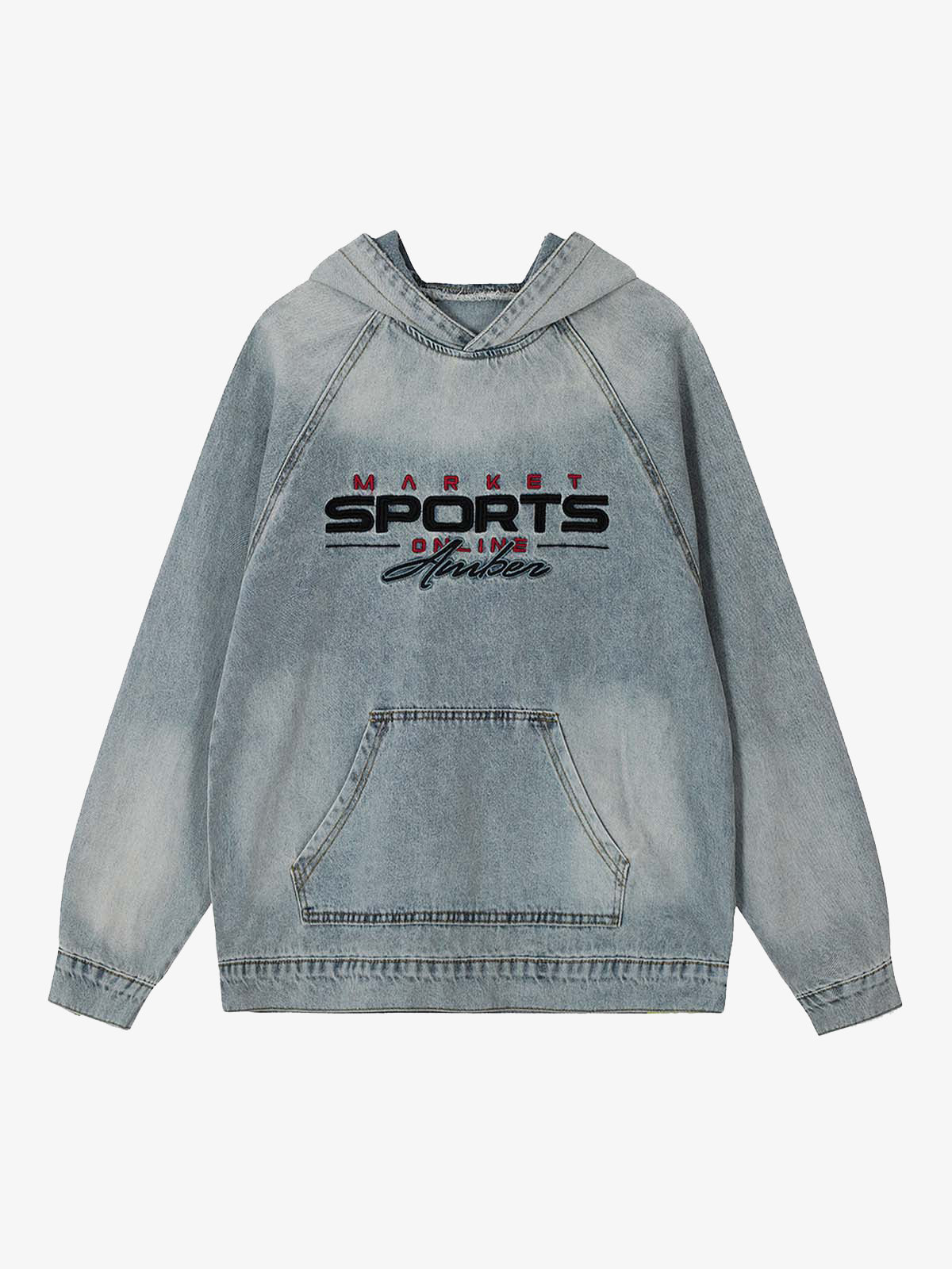 Embroidered Washed Distressed Denim Hoodie 