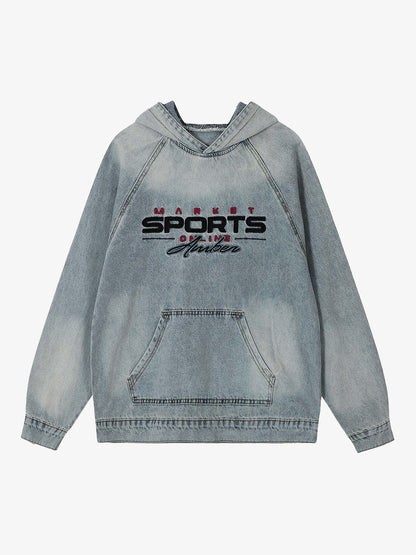 Embroidered Washed Distressed Denim Hoodie 
