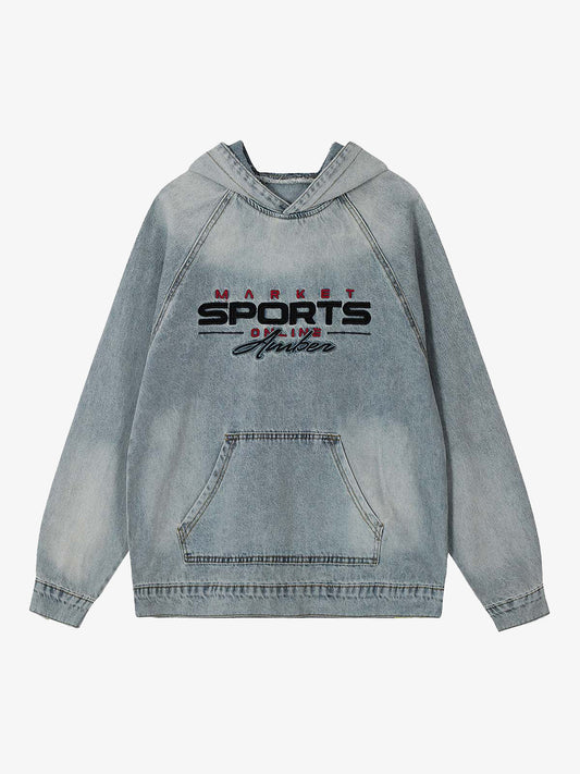Embroidered Washed Distressed Denim Hoodie 