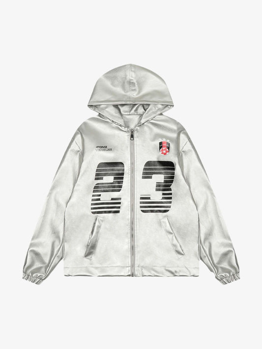 Thesupermade Silver Leather  Motorcycle Hooded Jacket 