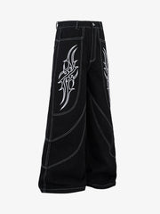 Deconstructed Contrast Embroidered Baggy Jeans - 2330 