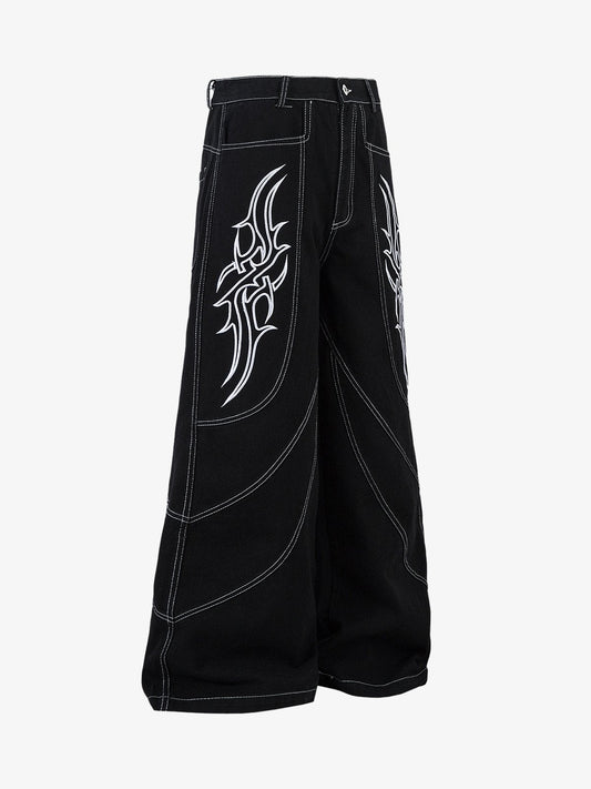 Deconstructed Contrast Embroidered Baggy Jeans - 2330 