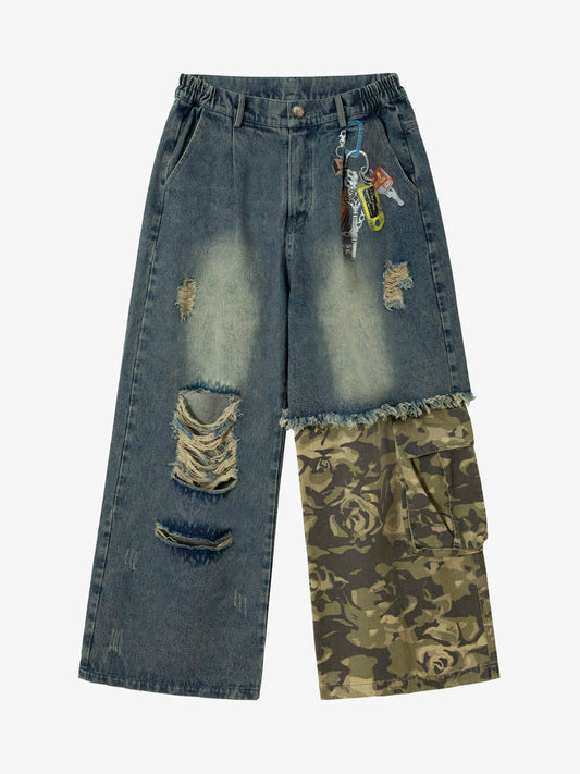 Camouflage Patchwork Workwear Straight Jeans 