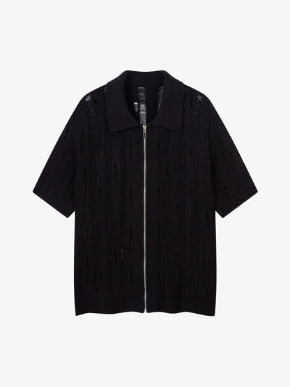 Cleanfit Black Knit Zip-Up Short-Sleeve Shirt 