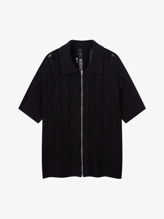Cleanfit Black Knit Zip-Up Short-Sleeve Shirt 