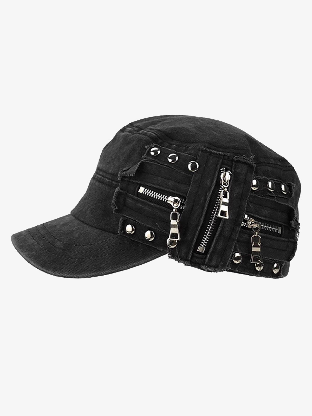 Washed Rivet Zipper Flat Top Cap 
