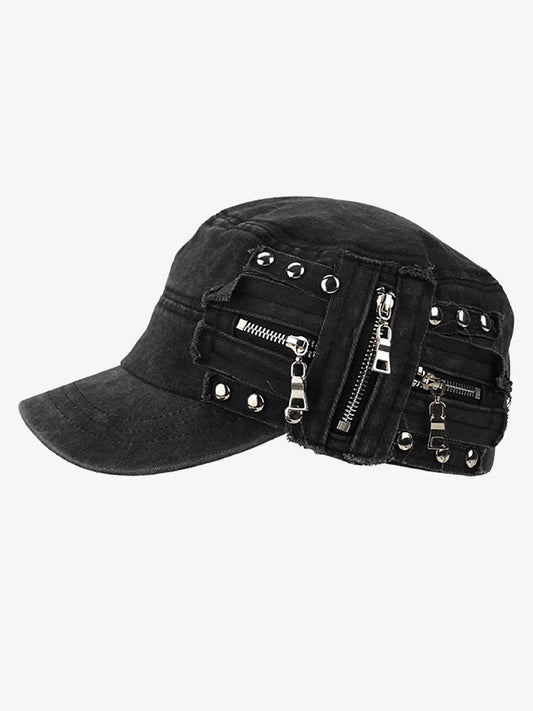 Washed Rivet Zipper Flat Top Cap 