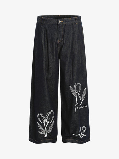 Vintage Graffiti Floral Print Jeans 