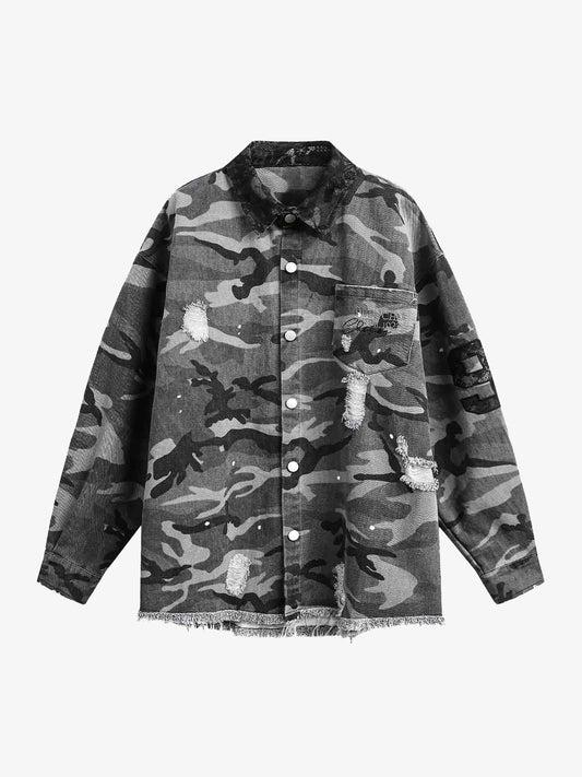 Camouflage Ripped Lace Denim Shirt 