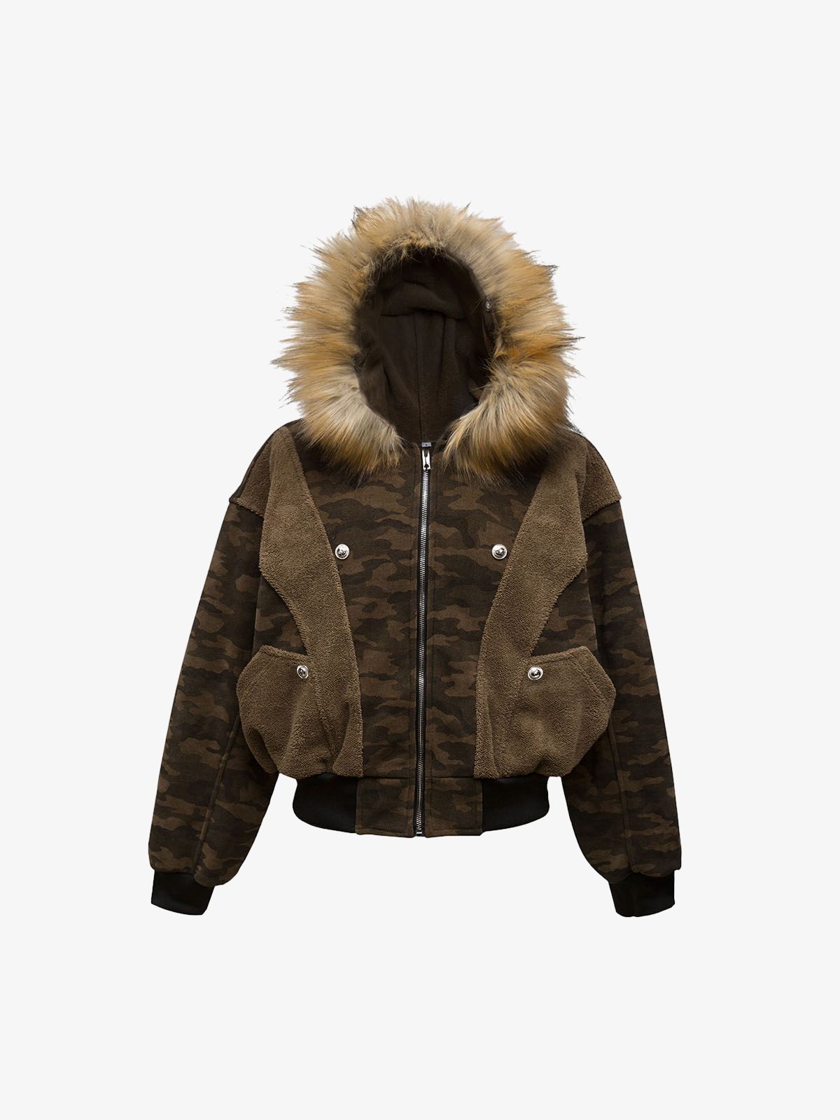 Camouflage Spliced Fur Hooded Fleece Jacket - 2262 