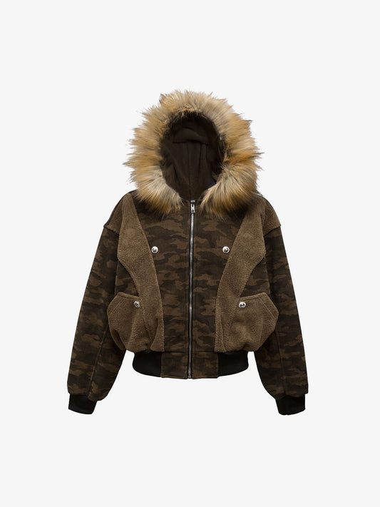 Camouflage Spliced Fur Hooded Fleece Jacket - 2262 