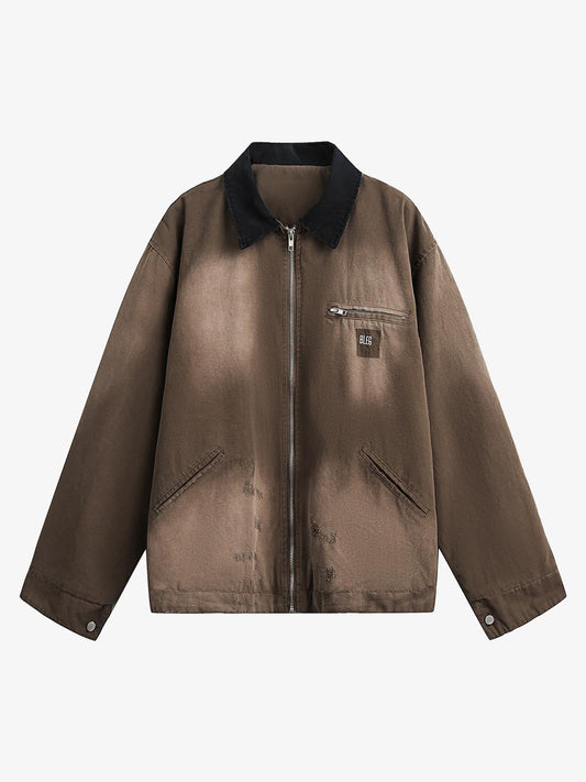 Washed Ripped Gradient Zip Up Work Jacket 