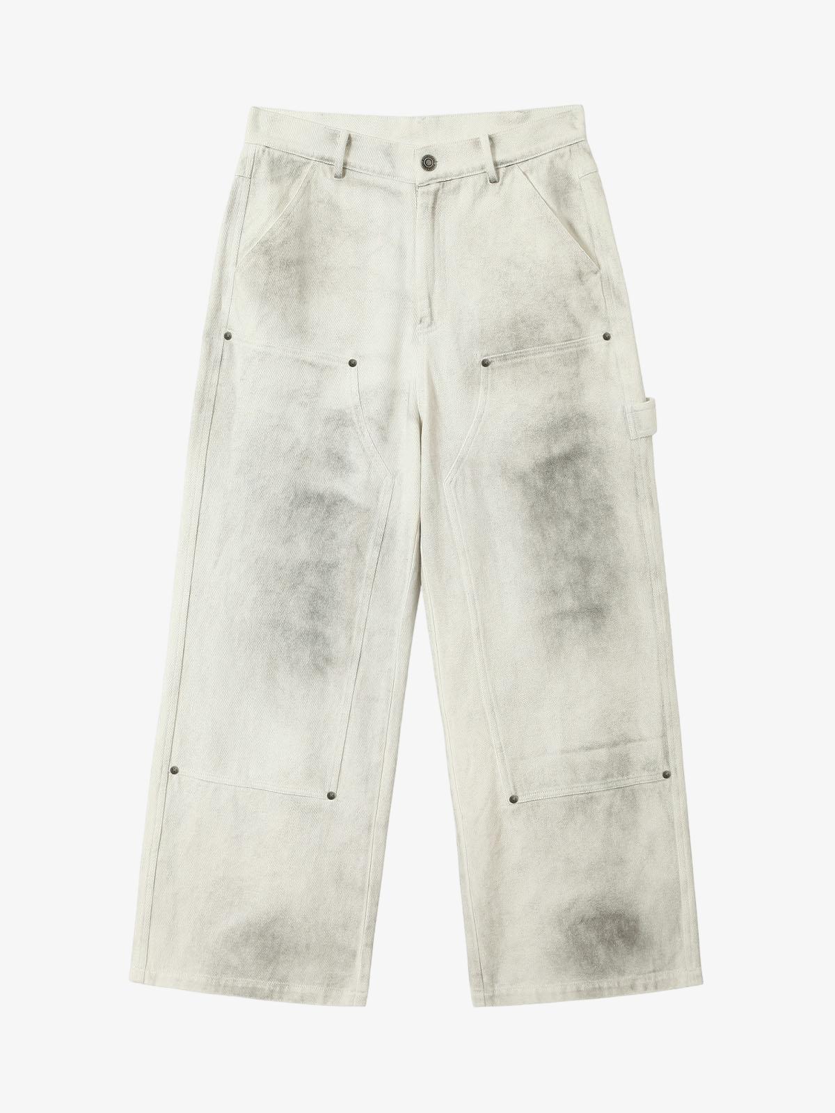 Washed Tie-Dyed  White Work Pants 