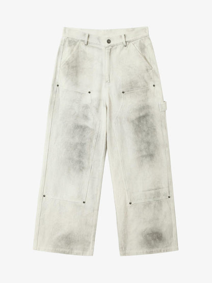 Washed Tie-Dyed  White Work Pants 
