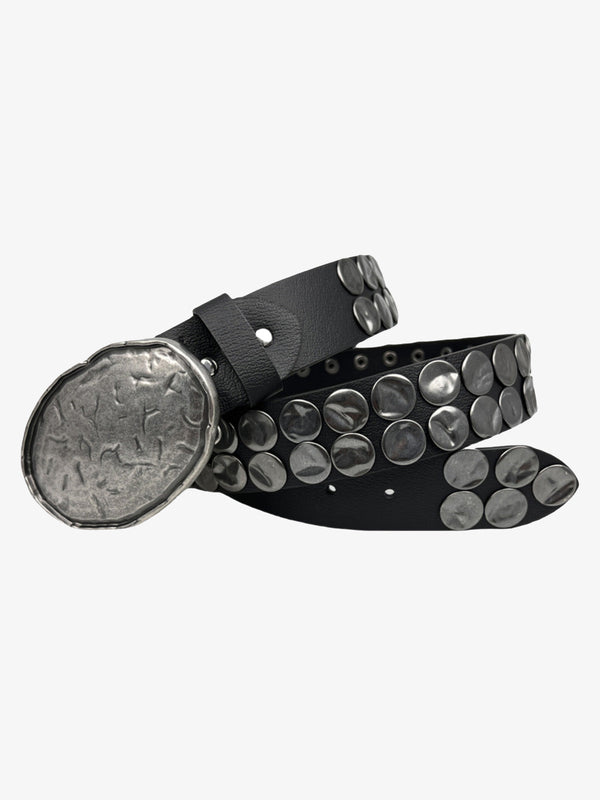 Black leather punk belt with metal studs and engraved buckle
