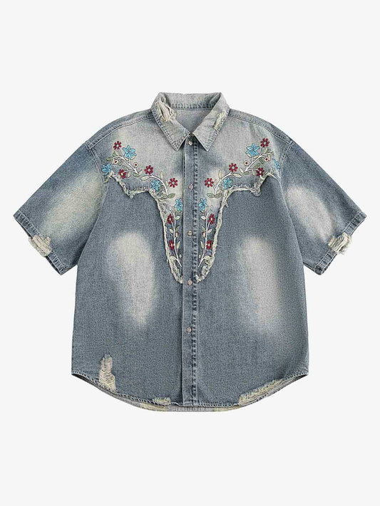 Ripped Embroidered Floral Denim Shirt 
