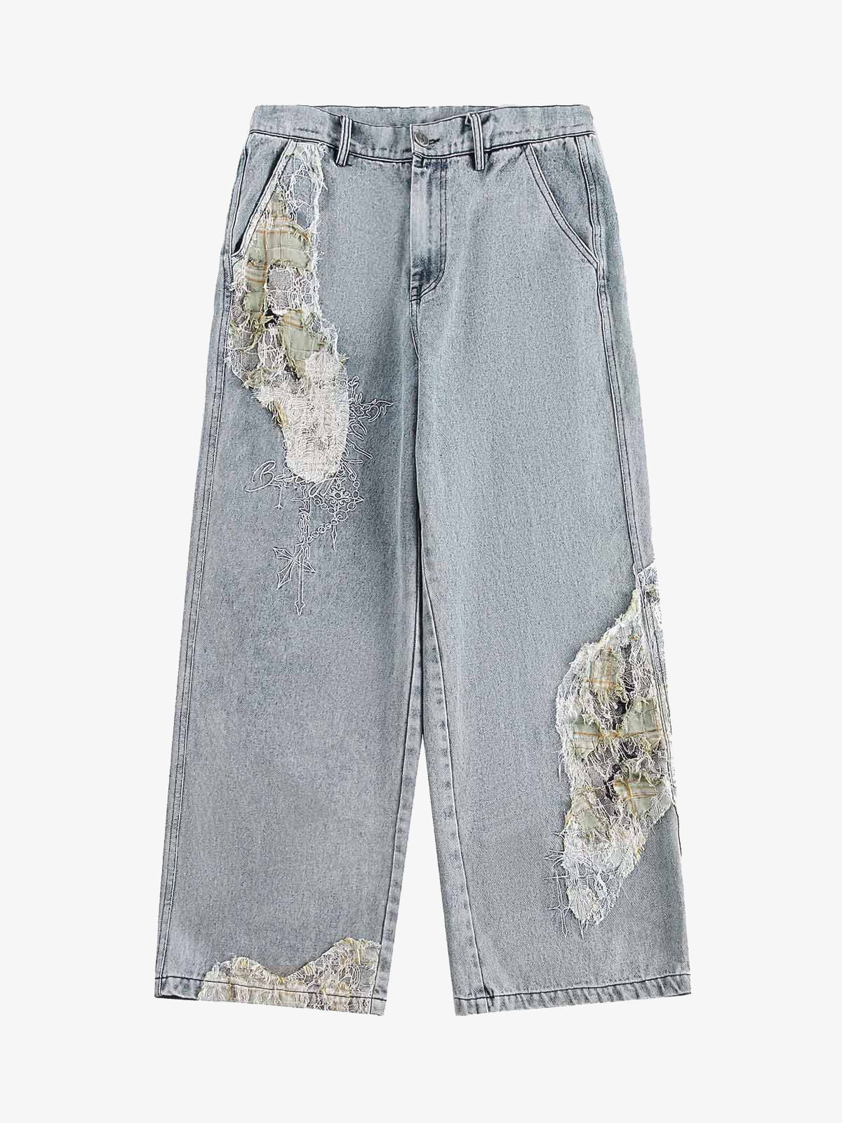 Ripped Lace Patchwork Straight Jeans 