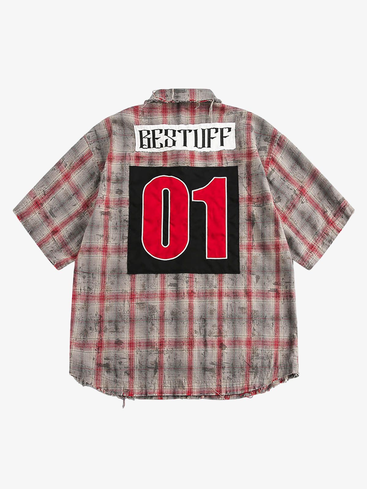 Distressed Patch Plaid Short-Sleeve Shirt 