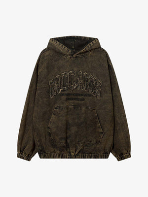 Washed Distressed Letter Embroidered Denim Hoodie 