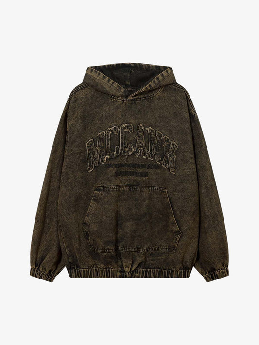 Washed Distressed Letter Embroidered Denim Hoodie 