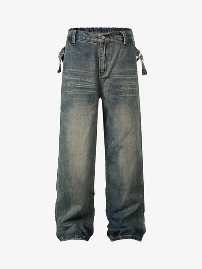 Thesupermade Washed Distressed Waistband Straight Jeans 