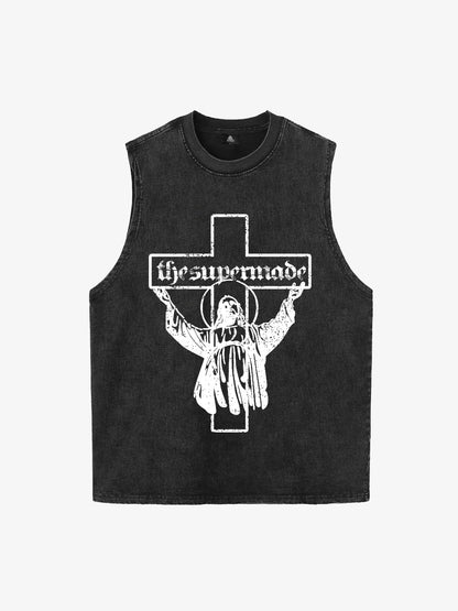Distressed Cross Graphic Vest 
