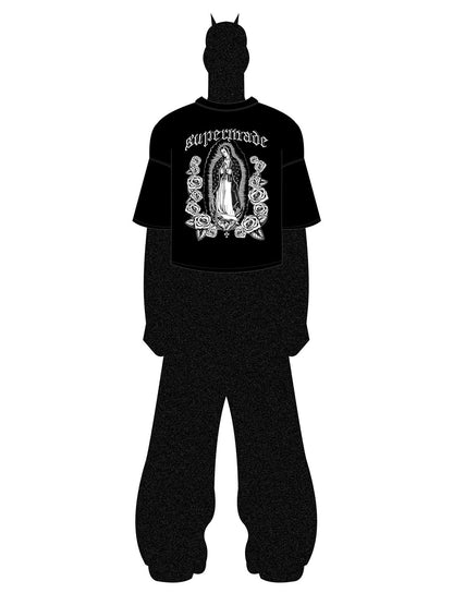 Original Retro Gothic Virgin Mary Floral Print T-Shirt 