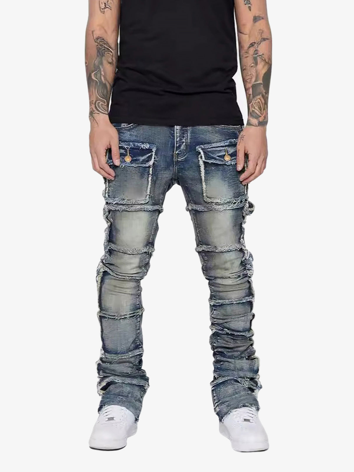 Thesupermade Stretch Patch Layered Bootcut Stacked Jeans 