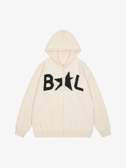 Thesupermade Star Knit Hooded Zip Up Cardigan Sweater 