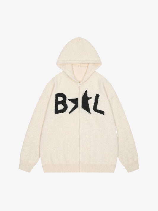Thesupermade Star Knit Hooded Zip Up Cardigan Sweater 