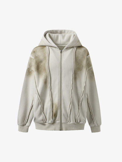 Thesupermade Distressed Patchwork Velvet Cardigan Hooded Sweatshirt 