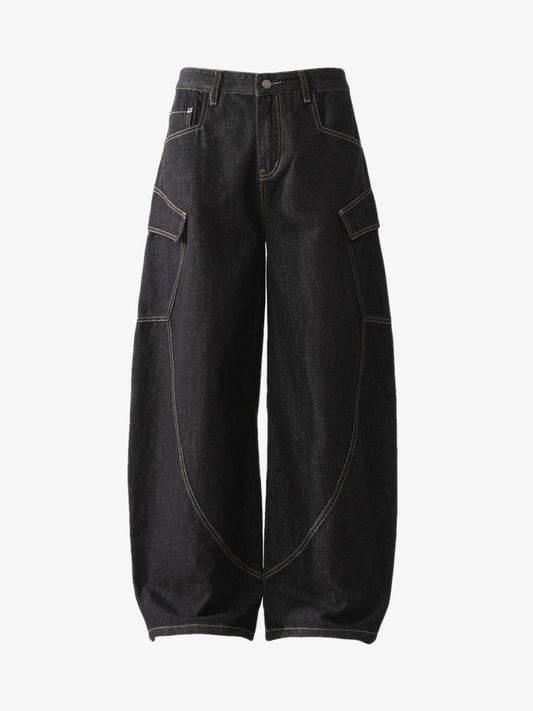 Multi-Pocket Deconstructed Washed Barrel Cargo Jeans 