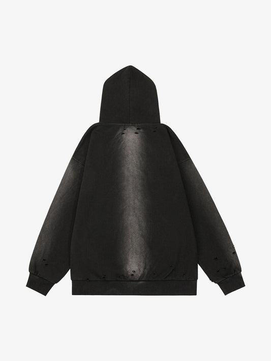Washed Ripped Zip Up Hoodie 