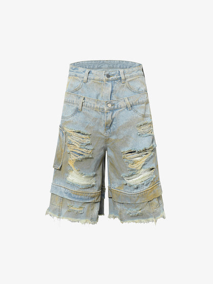 Distressed Tie-Dye Denim Shorts 