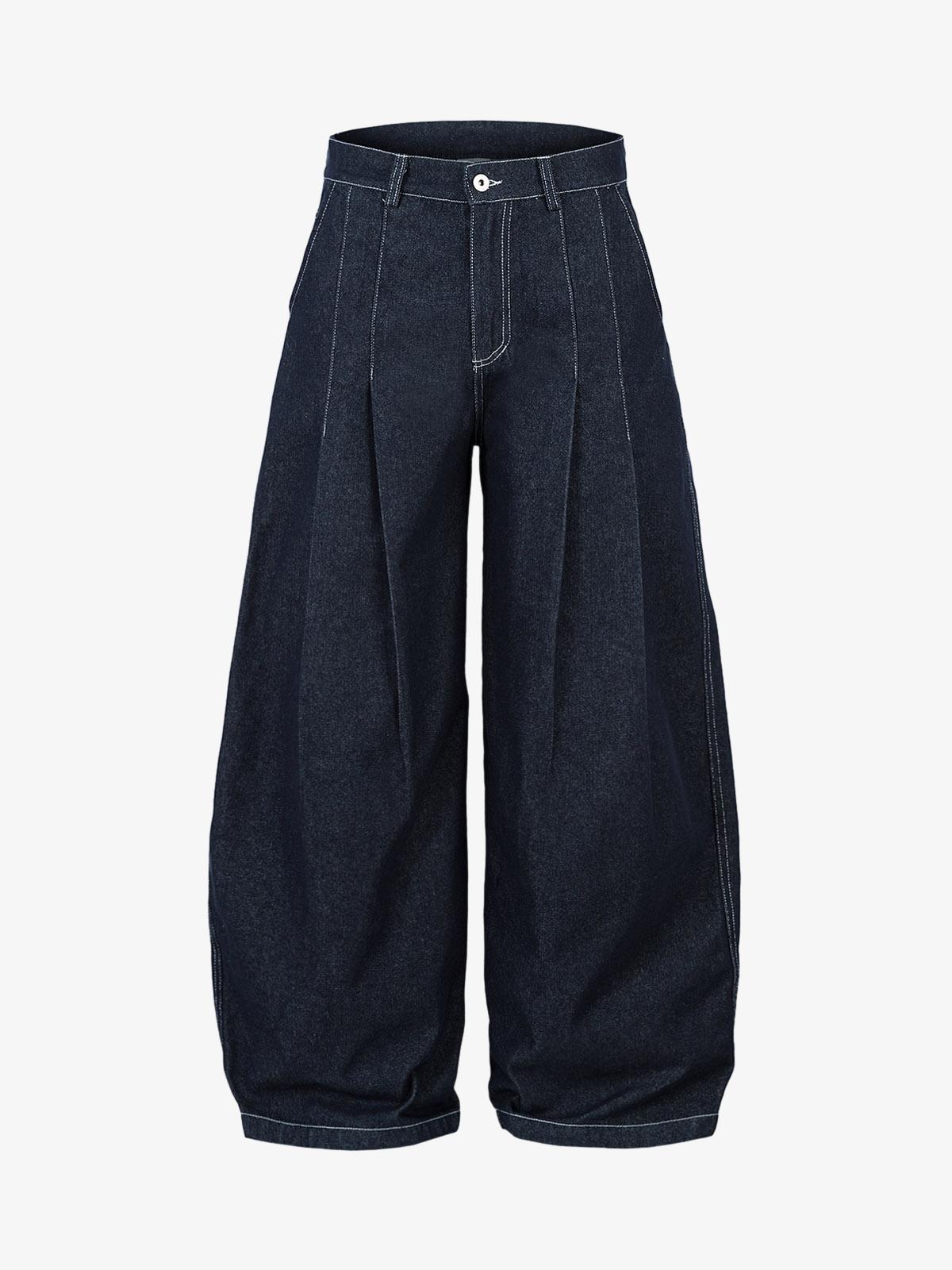 Deconstructed Contrast Stitching Pleated Baggy Barrel Jeans - 2343 
