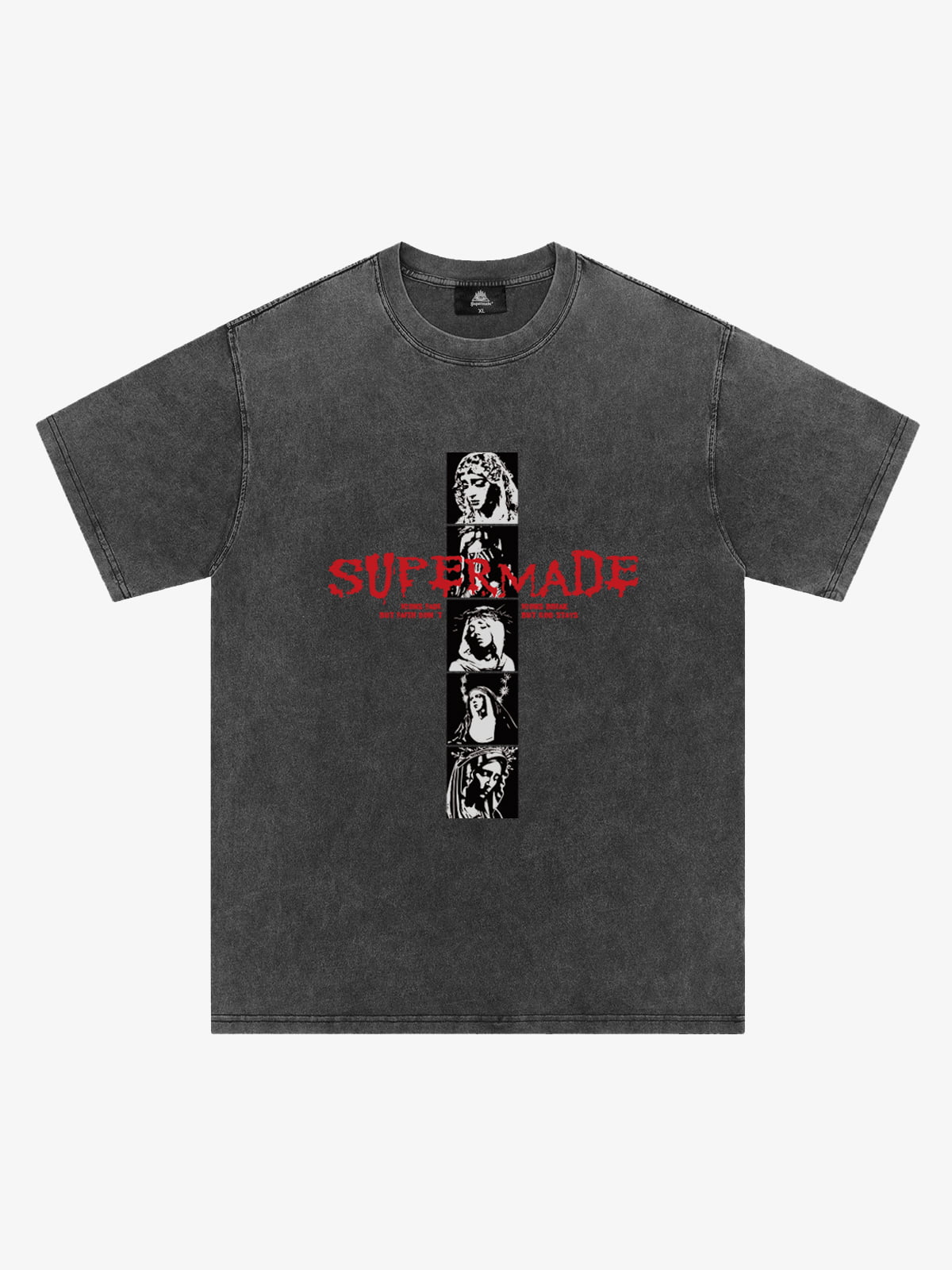 Washed charcoal Mary vintage-inspired T-shirt with a vertical portrait graphic