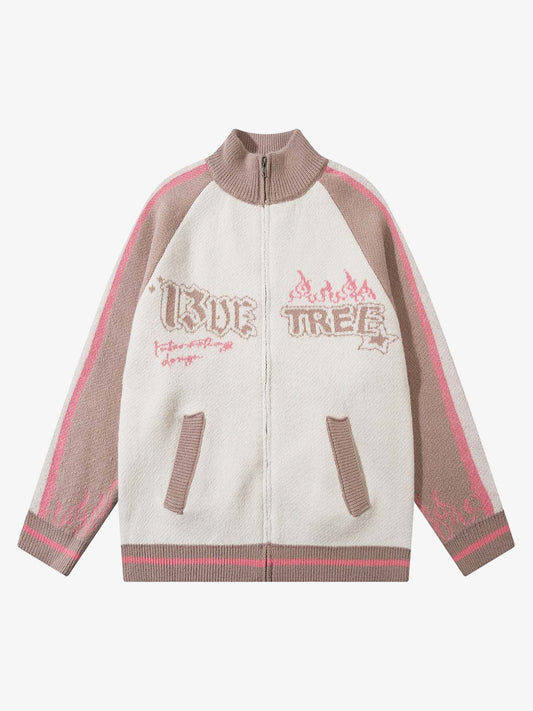 Thesupermade Contrast Color Jacquard Mock Neck Zipper Sweater 
