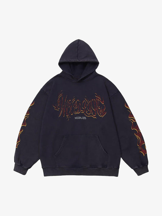 Thesupermade Flame Letter Washed Hooded Sweatshirt - 2216 