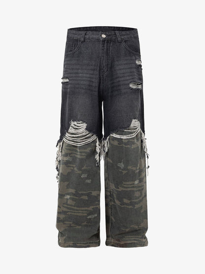 Washed Distressed Stitching Camouflage Straight Jeans 