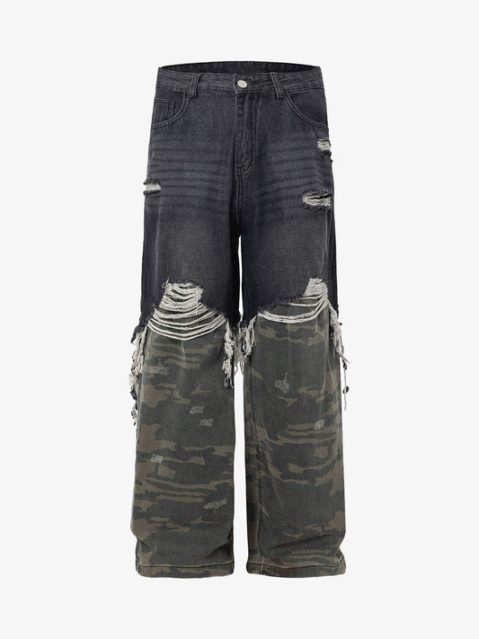 Washed Distressed Stitching Camouflage Straight Jeans 