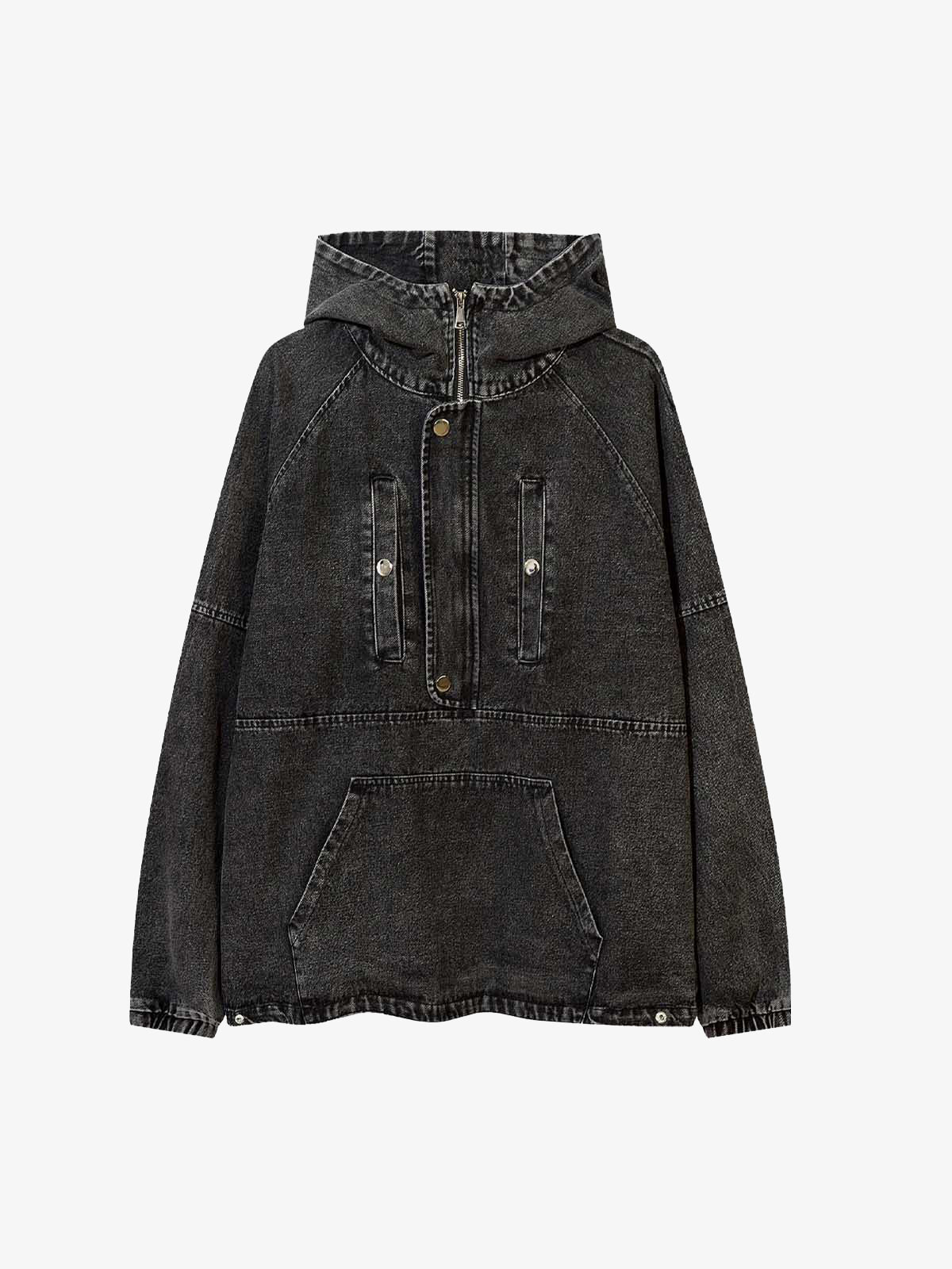 Washed Distressed Metal Zipper Hooded Denim Sweatshirt 