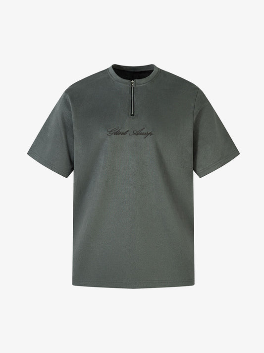 Retro Quarter Zip Up Suede Embroidered T-shirt 