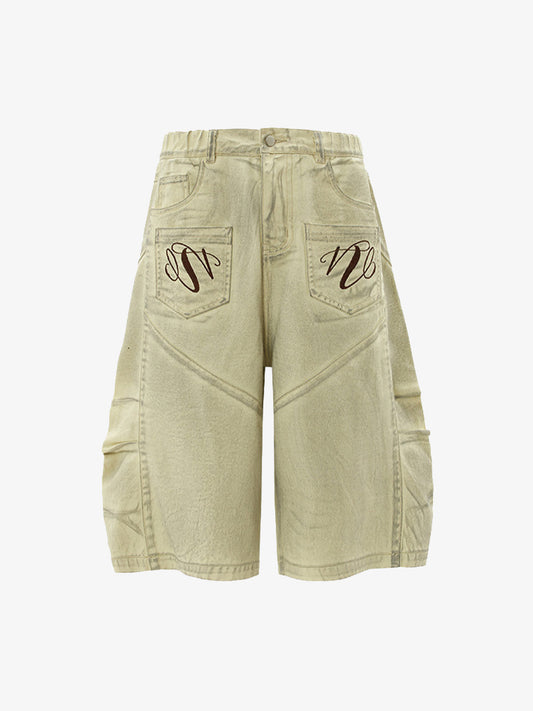 Washed Print Baggy Denim Shorts - 2375 