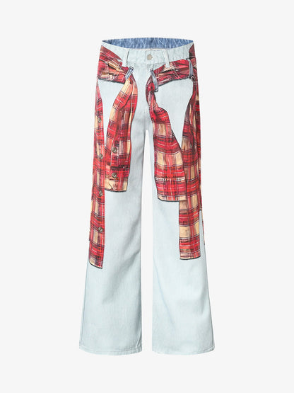 Plaid Print Baggy Jeans 