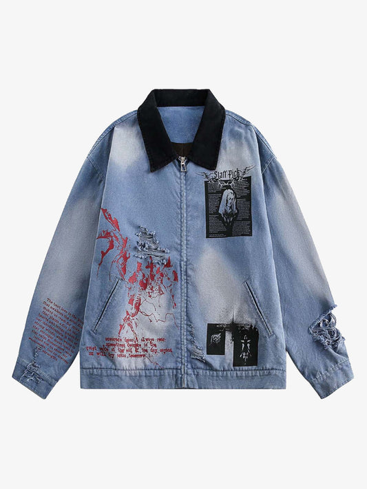 Ripped Graffiti Washed Zip Up Denim Jacket 