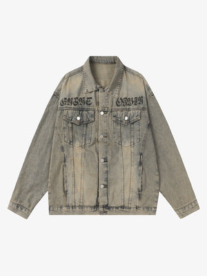 Washed Vintage Letter Print Denim Jacket 
