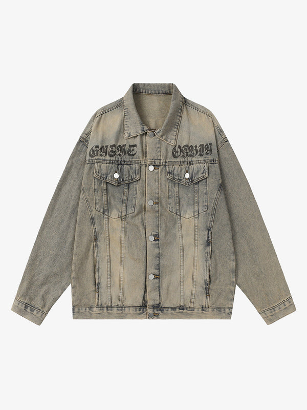 Veste en jean bleu-gris délavée avec lettrage