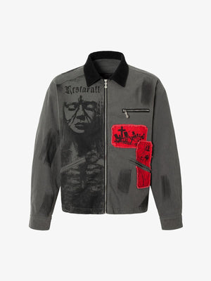 Wasteland Style Portrait Print Patchwork Barn Jacket 